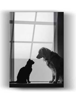 Mgi Design Minimal Siyah Beyaz Kedi ve Köpek Cam Tablo – Modern Ev & Ofis Duvar Dekoru