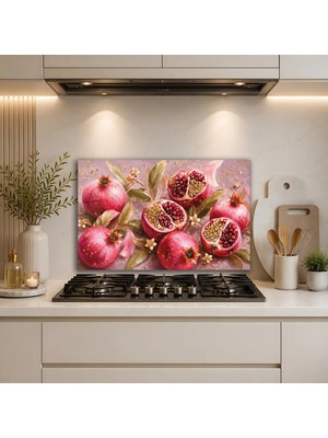 Mgi Design Pembe Narlar Ankastre Ocak Arkası Cam Panel, Mutfak Tezgah Arası Temperli Cam Koruyucu, Isıya Dayanıklı Yağ Tutmaz Kolay Temizlenen Dekoratif Duvar Paneli