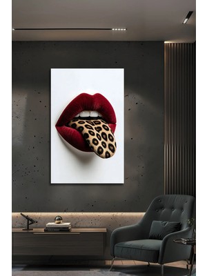 Mgi Design 3D Leopar Dilli Dudak Tasarımlı Modern Dekoratif Ofis Ev Cam Tablo | Hayvan Figürlü Dekoratif Duvar Tablosu, Salon, Ofis ve Çalışma Alanı Dekoru,