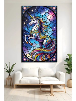 Mgi Design Lüks Vitray Görünümlü Unicorn Cam Tablo Modern Çocuk Genç Odası Dekoratif Duvar Tablosu Modern Salon Duvar Dekoru Oturma Odası Yatak Odası Tablosu 4mm Temperli Cam Tablo Şık Premium Kalite Uv Baskı
