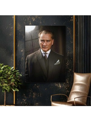 Mgi Design Mustafa Kemal Atatürk Tarihi Metin Arkaplanlı Resmi Portre Cam Tablo