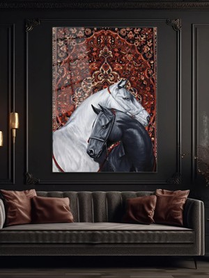 Mgi Design Art Station Klasik Halı Desenli Siyah Beyaz At Cam Tablo - Modern Tarz Ev Dekorasyonu | Vintage Temalı Dekoratif Duvar Tablosu, Salon ve Ofis Dekoru,