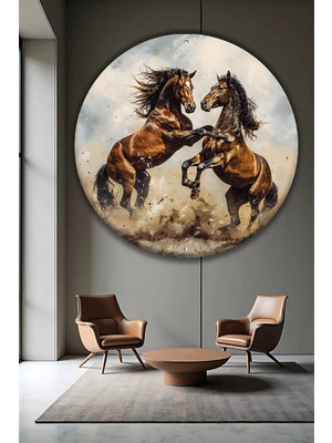 Mgi Design Modern Şahlanan Atlar Temalı Yuvarlak Dekoratif Duvar Cam Tablo Hediyelik Ofis Ev | Hayvan Figürlü Dekoratif Duvar Tablosu, Salon, Ofis ve Çalışma Alanı Dekoru, 100X100 cm