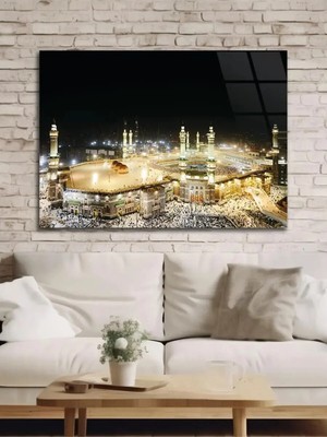 Mgi Design Mescidi Haram Mekke Gece Işıklı Panoramik Kabe Manzarası Islami Duvar Dekoru Kırılmaz Temperli Cam Tablo
