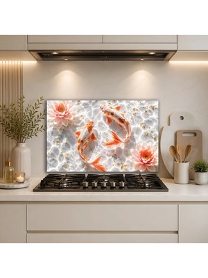Mgi Design Turuncu Balıklar Ankastre Ocak Arkası Cam Panel, Mutfak Tezgah Arası Temperli Cam Koruyucu, Isıya Dayanıklı Yağ Tutmaz Kolay Temizlenen Dekoratif Duvar Paneli
