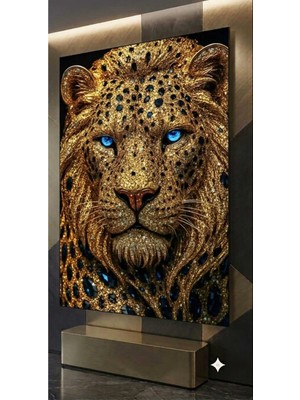 Mgi Design 4mm Tamperli Uv Baskı Kırılımaz Cam Tablo Ev Ofis Duvar Dekor Hediyelik Tablo Altın Aslan Taşlı Deluxe Premium Luxury UHD Baskı Gerçek Cam Sağlam Canlı