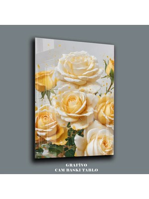 Mgi Design Çiçek Desenli Cam Tablo – Altın Renkli Güller ile Zarif Duvar Dekoru