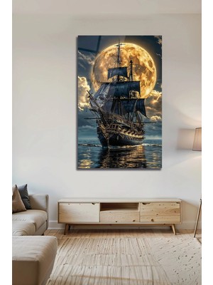 Mgi Design Korsan Gemisi ve Dolunay Pleksi Tablo Fantastik Denizcilik Manzarası Dekoratif Cam Tablo | Deniz Temalı Dekoratif Duvar Tablosu, Salon, Ofis ve Yazlık Dekoru,