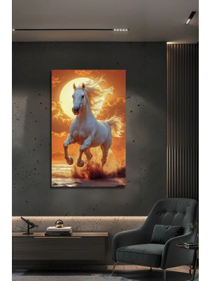 Mgi Design Günbatımında Şahlanan Beyaz At Tasarımlı Dekoratif Temperli Modern Salon Ofis Cam Tablo | Modern Dekorasyon Temalı Dekoratif Duvar Tablosu, Salon, Ev ve Ofis Dekoru,