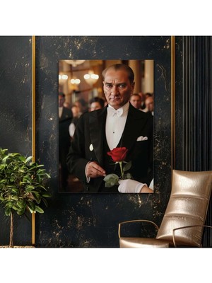 Mgi Design Atatürk Gala Gecesi Kırmızı Güllü Portre Cam Tablo