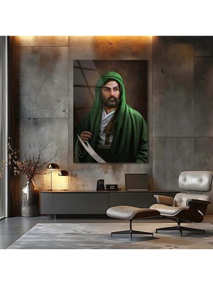 Mgi Design Hz. Ali Portre Cam Tablo – Yeşil Sarıklı Islami Portre
