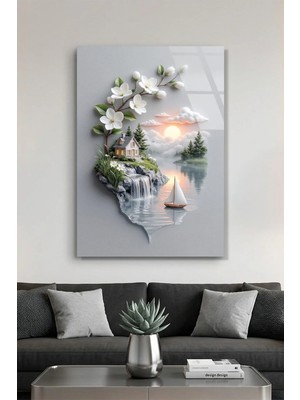 Mgi Design Modern Sanat Göl Kenarı Ev Yelkenli ve Beyaz Çiçekli Dal Cam Tablo