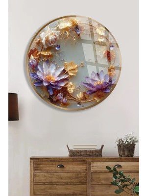 Mgi Design Yuvarlak Altın Yaprak ve Lotus Çiçeği Cam Tablo | Modern Sanat Tablosu | Solmayan Canlı Renkler | Ofis ve Çalışma Odası | Anlamlı Hediye Seçeneği