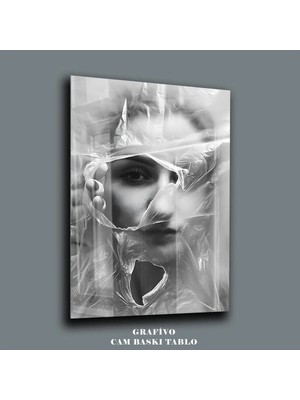 Mgi Design Şeffaf Örtü Ardındaki Kadın – Soyut Siyah Beyaz Cam Tablo | Portre Temalı Dekoratif Duvar Tablosu, Salon ve Yatak Odası Dekoru,