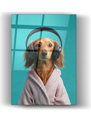 Mgi Design Cam Tablo Kulaklıklı Bornozlu Sevimli Köpek Portresi – Çocuk Odası, Salon ve Ofis Duvar Dekorasyonu