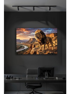 Mgi Design Kükreyen Aslan Manzaralı Dekoratif Modern Cam Tablo | Hayvan Figürlü Dekoratif Duvar Tablosu, Salon, Ofis ve Çalışma Alanı Dekoru,