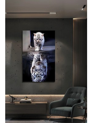 Mgi Design Kedi ve Beyaz Kaplan Yansıması Modern Dekoratif Ofis Ev Cam Tablo | Hayvan Figürlü Dekoratif Duvar Tablosu, Salon, Ofis ve Çalışma Alanı Dekoru, 90X60 cm