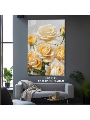 Mgi Design Sarı ve Beyaz Gül Cam Tablo – Modern Dekoratif Çiçek Desenli Duvar Tablosu