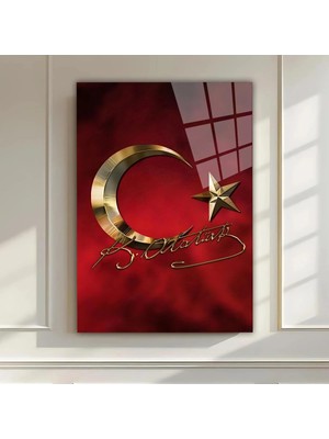 Mgi Design Atatürk Imzalı Ay Yıldız Cam Tablo – Kırmızı Zemin Üzerinde Altın Detaylı Dekoratif Duvar Sanatı | Atatürk Temalı Dekoratif Duvar Tablosu, Salon, Ofis ve Çalışma Alanı Dekoru,