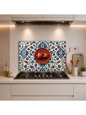 Mgi Design Turkuaz Motifler ve Narlar Ankastre Ocak Arkası Cam Panel, Mutfak Tezgah Arası Temperli Cam Koruyucu, Isıya Dayanıklı Yağ Tutmaz Kolay Temizlenen Dekoratif Duvar Paneli
