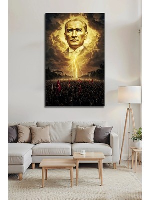 Mgi Design Mustafa Kemal Atatürk Portresi Şimşekli Gökyüzü Türk Bayraklı Kalabalık Görsel Cam Tablo | Atatürk Temalı Dekoratif Duvar Tablosu, Salon, Ofis ve Çalışma Alanı Dekoru,