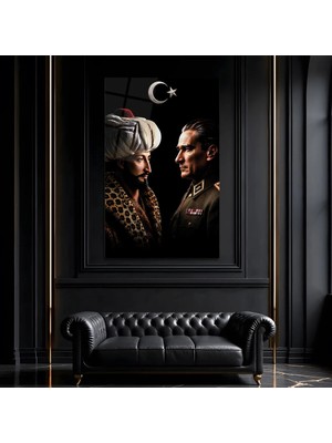 Mgi Design Fatih Sultan Mehmet - Atatürk Iı Cam Tablo, Temperli Cam Portre Duvar Tablosu, Uv Baskılı Salon Ofis Iş Yeri Duvar Dekoru, Milli Temalı Dekoratif Hediyelik Tablo