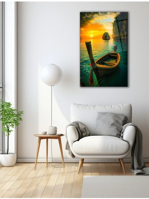 Mgi Design Günbatımında Sandal – Doğal Kaçış Temalı Cam Tablo | Doğa ve Manzara Temalı Dekoratif Duvar Tablosu, Salon, Yatak Odası ve Ofis Dekoru,