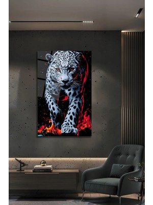 Mgi Design Leopar Desenli Ateş Temalı Dekoratif Cam Tablo Modern Duvar Dekoru Kırılmaz Cam | Hayvan Figürlü Dekoratif Duvar Tablosu, Salon, Ofis ve Çalışma Alanı Dekoru,