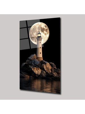 Mgi Design Deniz Feneri ve Ay Manzaralı Cam Tablo Dekor - DEG0147