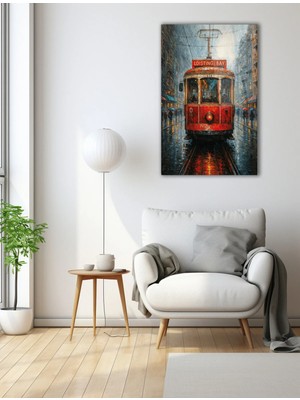 Mgi Design Yağmurda Tramvay Nostaljik Şehir Cam Tablo | Şehir Temalı Dekoratif Duvar Tablosu, Salon ve Ofis Dekoru,