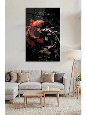 Mgi Design Yin & Yang Koi Balıkları Cam Tablo | Kırmızı ve Siyah Balıklar Feng Shui Dekoratif Duvar Sanatı | Deniz Temalı Dekoratif Duvar Tablosu, Salon, Ofis ve Yazlık Dekoru,
