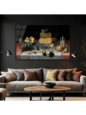 Mgi Design Peynirlerle Natürmort Cam Tablo, Ünlü Ressam Klasik Sanat Temperli Cam Duvar Tablosu, Uv Baskılı Salon Ofis Duvar Dekoru, Modern Sanatsal Dekoratif Hediyelik