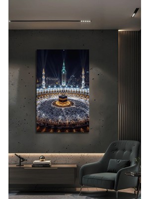 Mgi Design Kabe-I Şerif ve Mekke Saat Kulesi Gece Görünümü Cam Tablo Dini Duvar Dekoru | Islami Motifli Dekoratif Duvar Tablosu, Salon ve Ibadet Alanı Dekoru,