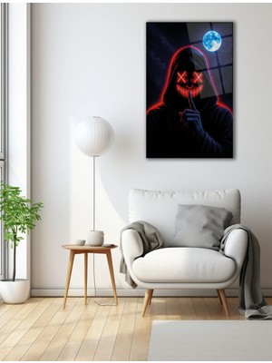 Mgi Design Karanlık Figür Neon Detaylı Cam Tablo | Modern Dekorasyon Temalı Dekoratif Duvar Tablosu, Salon, Ev ve Ofis Dekoru,
