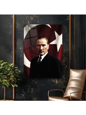 Mgi Design Mustafa Kemal Atatürk Türk Bayrağı Önünde Resmi Portre Cam Tablo