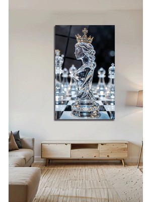 Mgi Design Kristal Kraliçe Satranç Taşı Altın Taçlı Fantastik Dekoratif Cam Tablo Modern Salon ve Ofis Dekoru | Modern Dekorasyon Temalı Dekoratif Duvar Tablosu, Salon, Ev ve Ofis Dekoru,