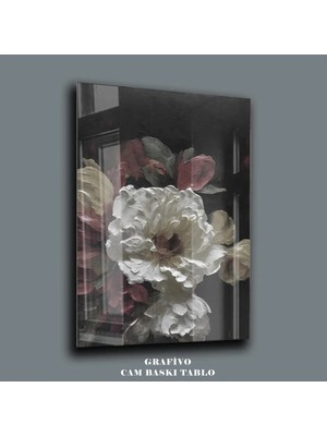 Mgi Design Hd Kalite Yağlı Boya Görünümlü Cam Tablo – Beyaz Şakayık & Pembe Güller | Çiçek Temalı Dekoratif Duvar Tablosu, Salon ve Yatak Odası Dekoru,