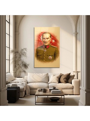 Mgi Design Tarihi Lider Atatürk Portresi ve Bayrak Temalı Cam Tablo | Atatürk Temalı Dekoratif Duvar Tablosu, Salon, Ofis ve Çalışma Alanı Dekoru,