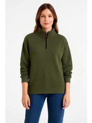 Hace Bazaar Kadın 3 Iplik Dık Yaka Yarım Fermuarlı Sweatshirt - Haki -Hcb