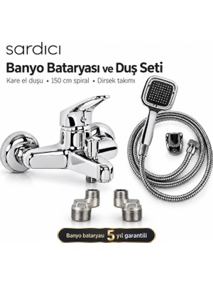 Sardıcı Krom Banyo Bataryası Seti Kare El Duşu 150 cm Spiral ve Dirsek Takımı – Batarya 5 Yıl Garantili