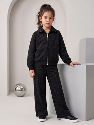 Zekids Kız Çocuk Siyah Taşlı Fermuarlı Geniş Paça Eşofman Takımı