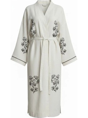 Monochrome Ağaç Desenli Keten Kimono Kaftan