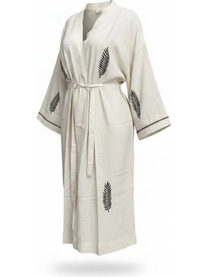 Monochrome Tüy Desenli Keten Kimono Kaftan