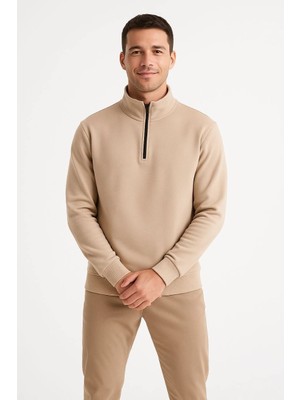 MidasTech Erkek Dik Yaka Sweatshirt Dik Yaka Yarım Fermuarlı 3 Iplik Pamuk Kumaş - Bej