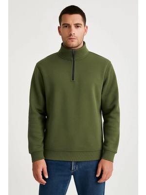 MidasTech Erkek Dik Yaka Sweatshirt Dik Yaka Yarım Fermuarlı 3 Iplik Şardonlu Pamuk Kumaş - Haki
