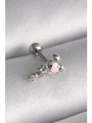 SHC4200 316L Çelik Gümüş Renk Zirkon Taş Detay Pembe Işleme Tragus Piercing