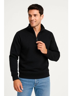 Nemere Dik Yaka Sweatshirt Dik Yaka Yarım Fermuarlı 3 Iplik Şardonlu Pamuk Kumaş - Siyah