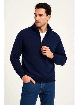 Nemere Dik Yaka Sweatshirt Dik Yaka Yarım Fermuarlı 3 Iplik Şardonlu Pamuk Kumaş - Lacivert
