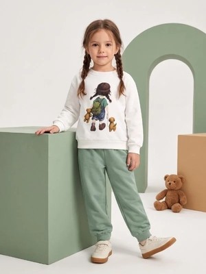 Zekids Kız Çocuk Ekru Baskılı Sweatshirt ve Yeşil Jogger Eşofman Takımı