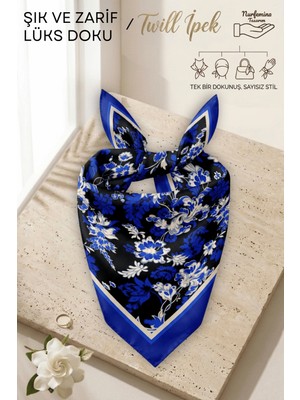 Nurfemina Saks Mavisi Çiçek Desenli  - Twill Ipek Dokulu - Çok Amaçlı Kare Bandana Fular 50X50 cm